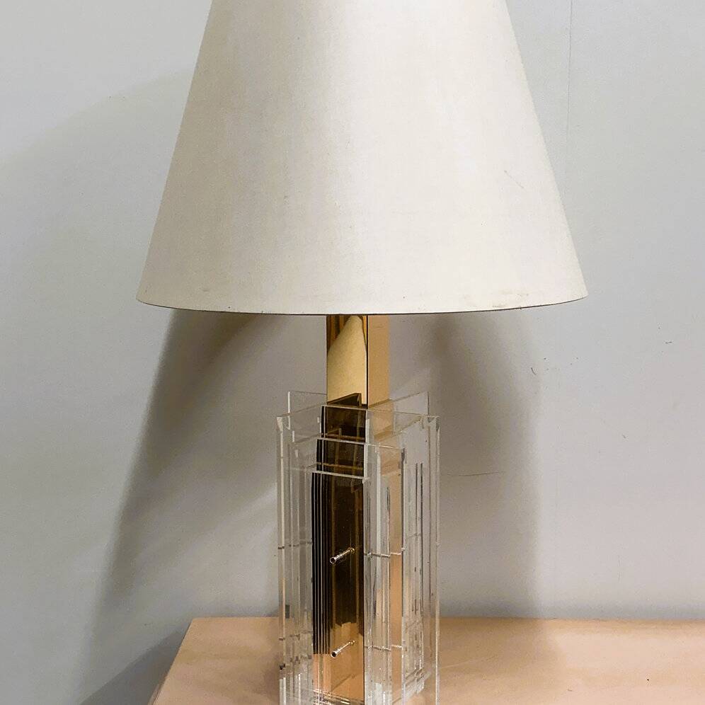 Large glamorous 1970s brass & lucite architectural table lamp