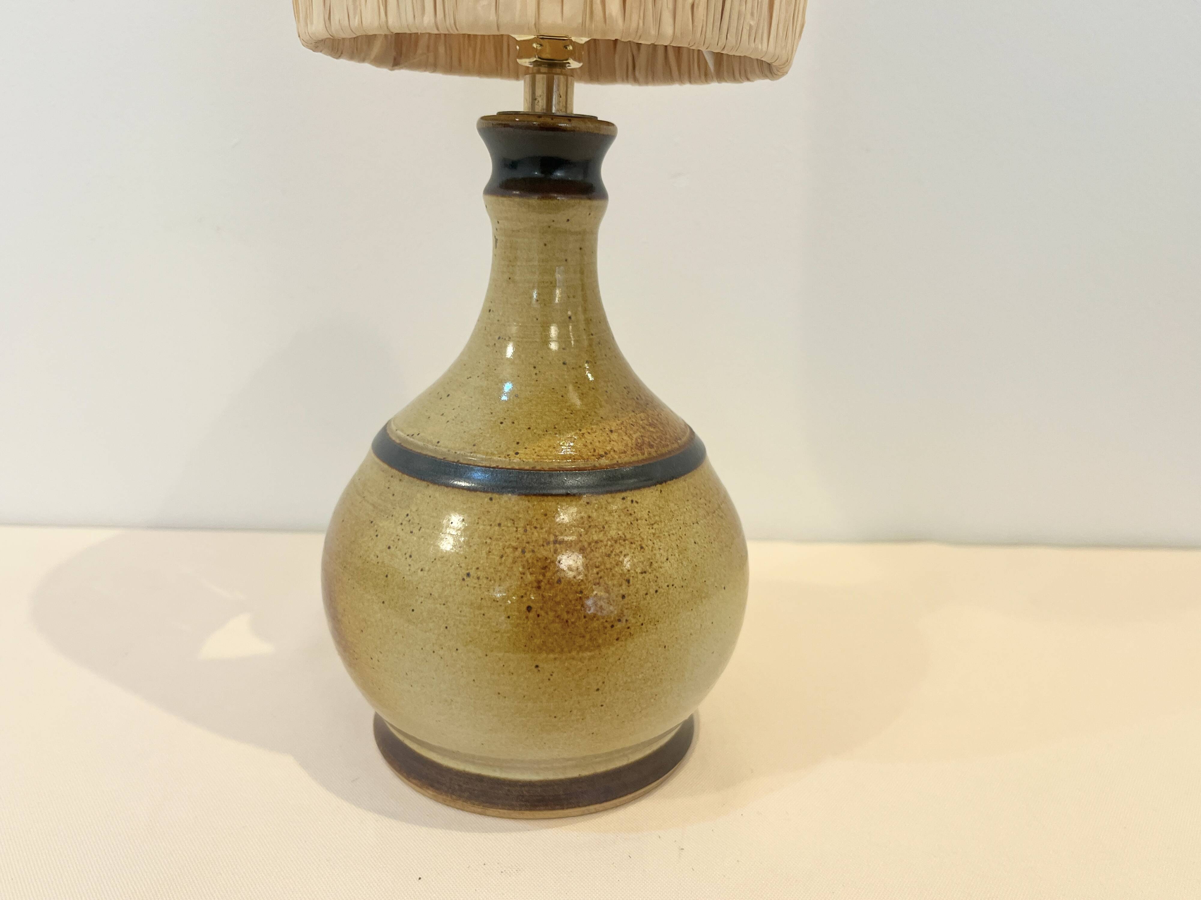 Vintage stoneware lamp signed beige brown raffia rope lampshade 1970
