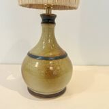 Lampe vintage en grès signée beige marron abat-jour en raphia corde 1970