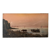Oil on canvas of a maritime landscape at dusk, 19th century, return from fishing.