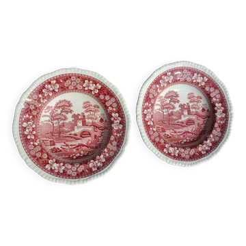 2 assiettes Spode England modèle "Pink Tower"
