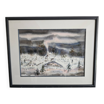 Painting - Watercolor snow landscape - View of Megève Signed