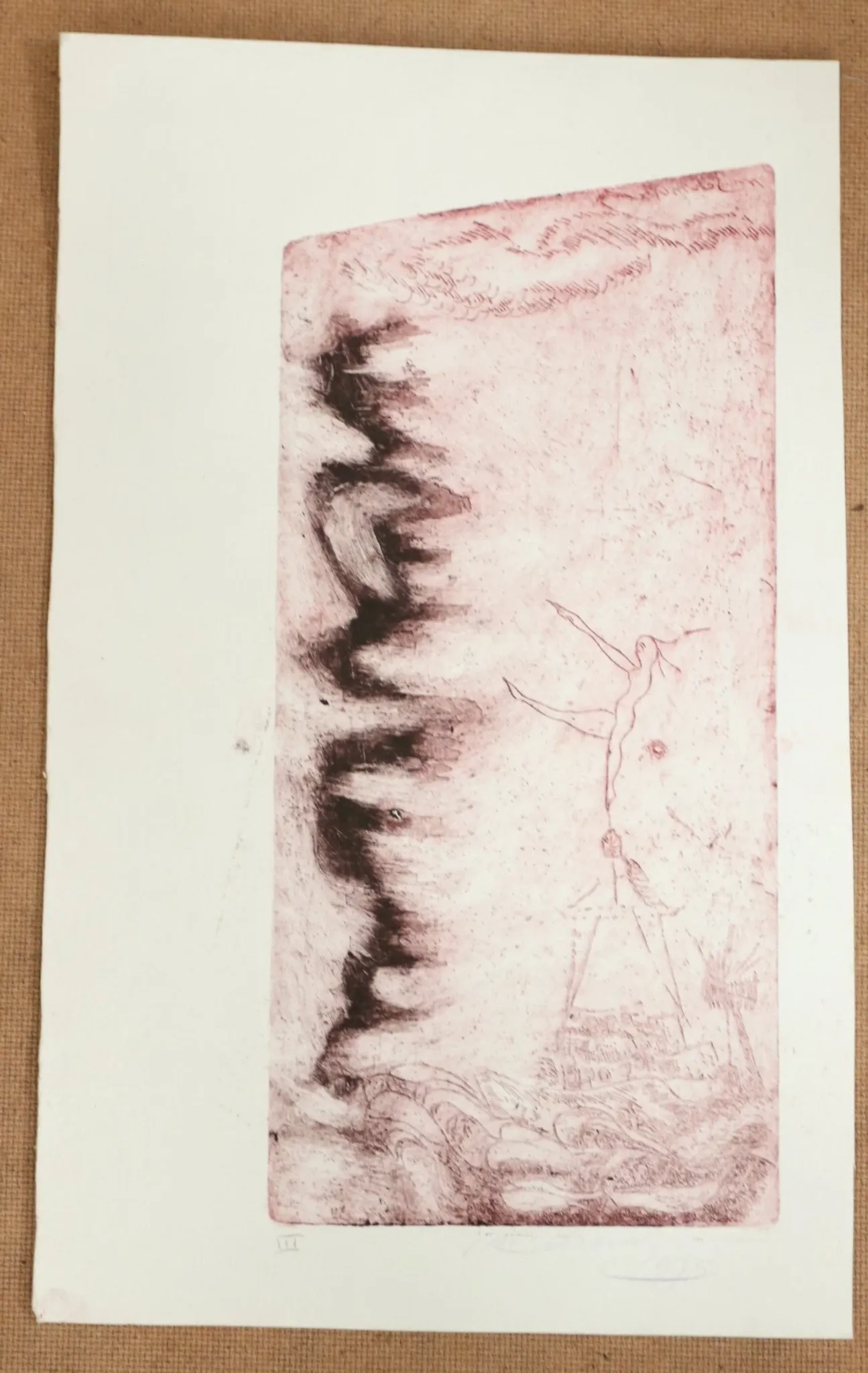 Etching in red – dancer above flames and waves, M. Schneider 1973