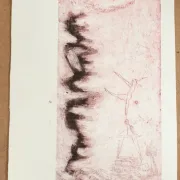 Etching in red – dancer above flames and waves, M. Schneider 1973
