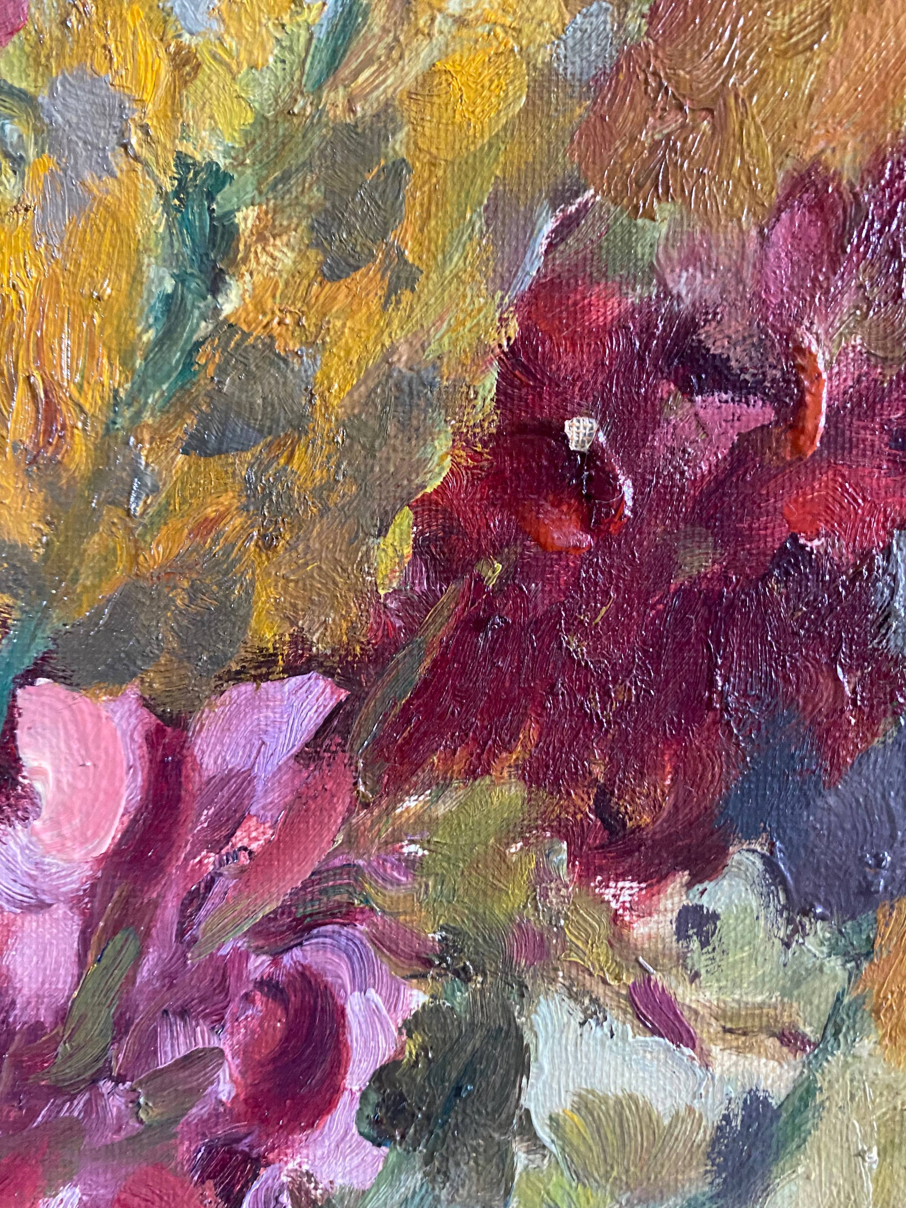 Hst painting of 1970 : "bouquet of muffliers flowers" signed m. l. petit