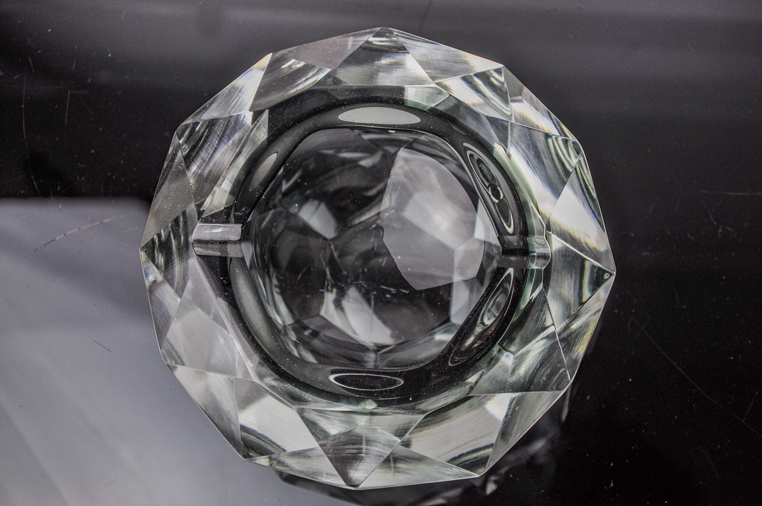 Ashtray Sommerso grey by seguso, faceted glass, murano, italy, 1970