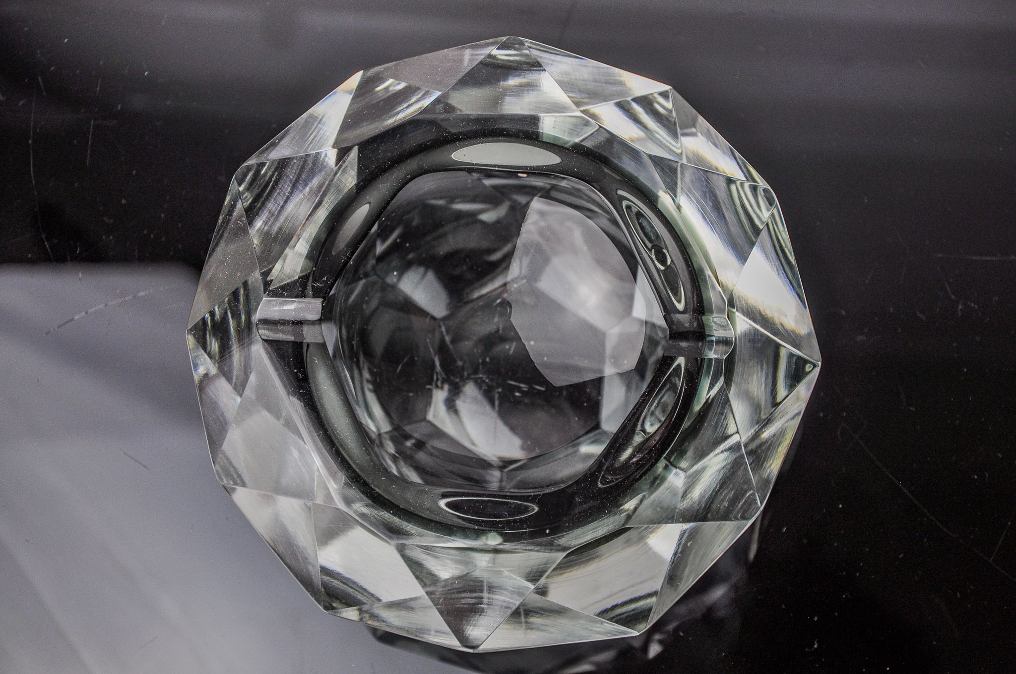 Ashtray Sommerso grey by seguso, faceted glass, murano, italy, 1970