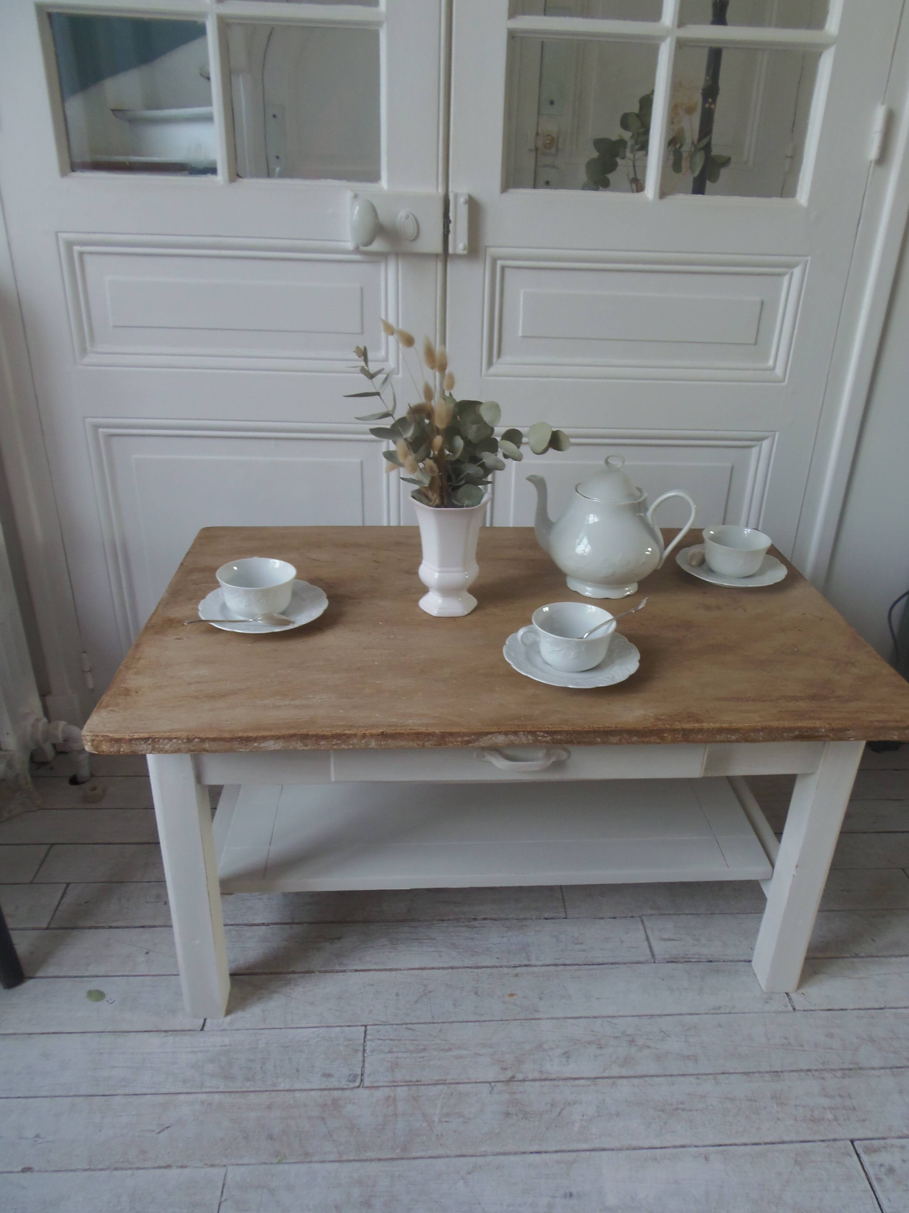 Coffee table made from a vintage table, pearl gray patina, wooden top.