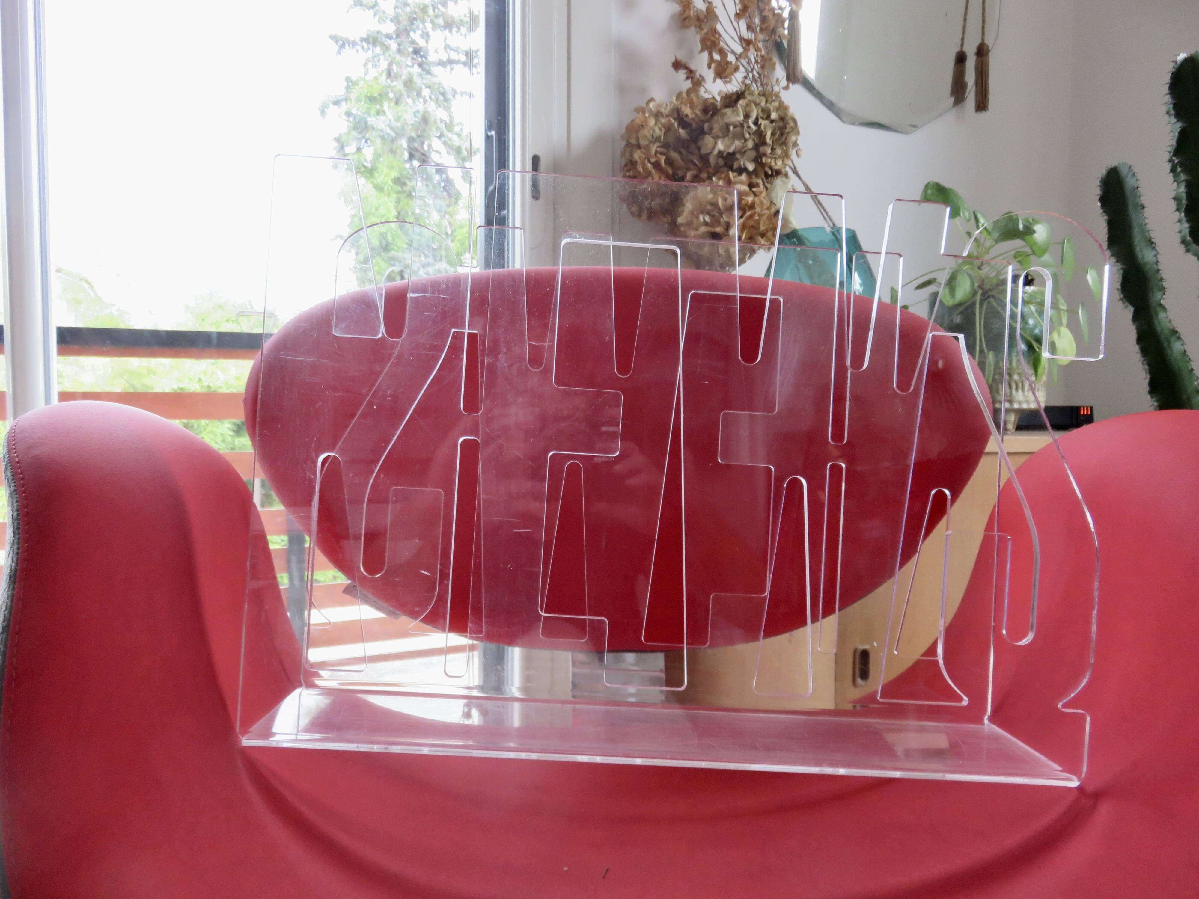 "News" magazine rack in transparent plexiglass, 1980s, vintage.