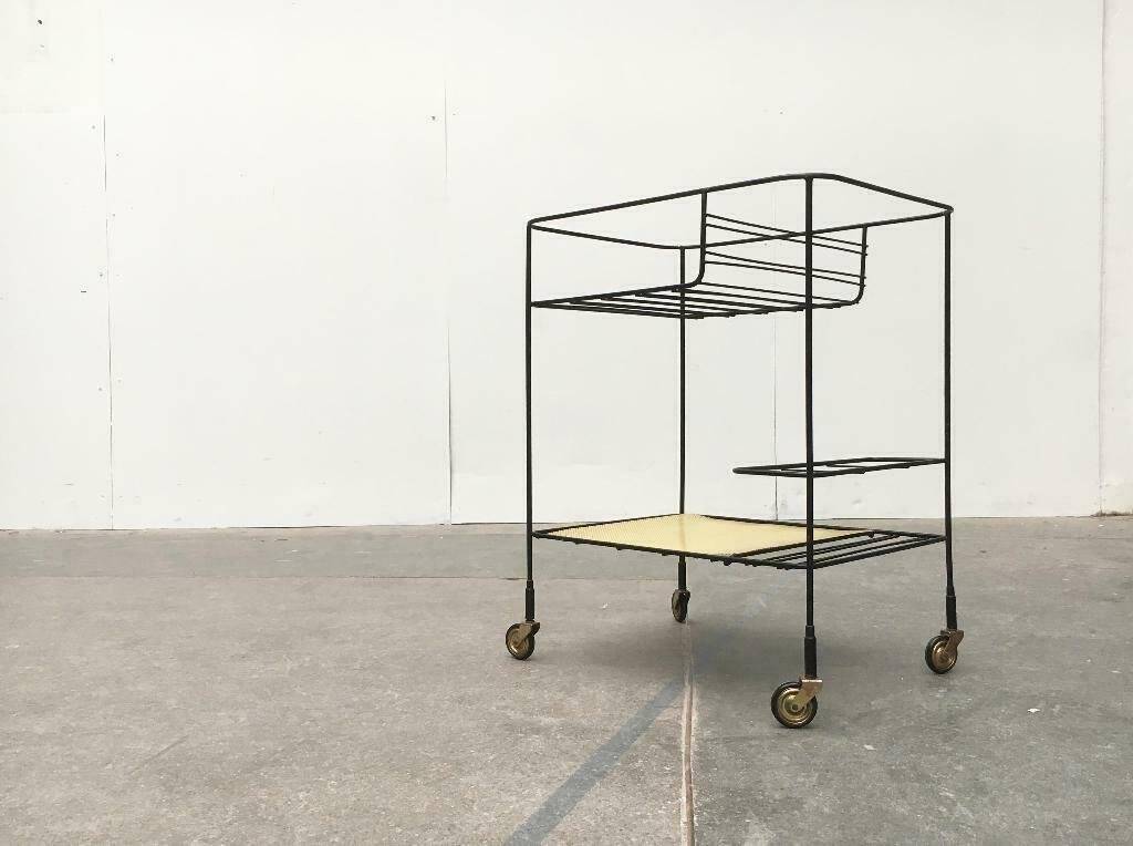 Minimalist perforated metal serving trolley in mid-century style, 1960s.