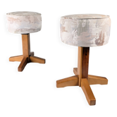Paire de tabourets en pin scandinave et tissu, années 1980