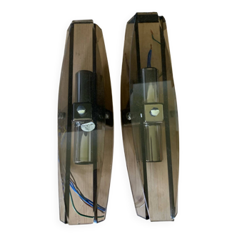 Pair of smoked glass wall lights from the 70s
