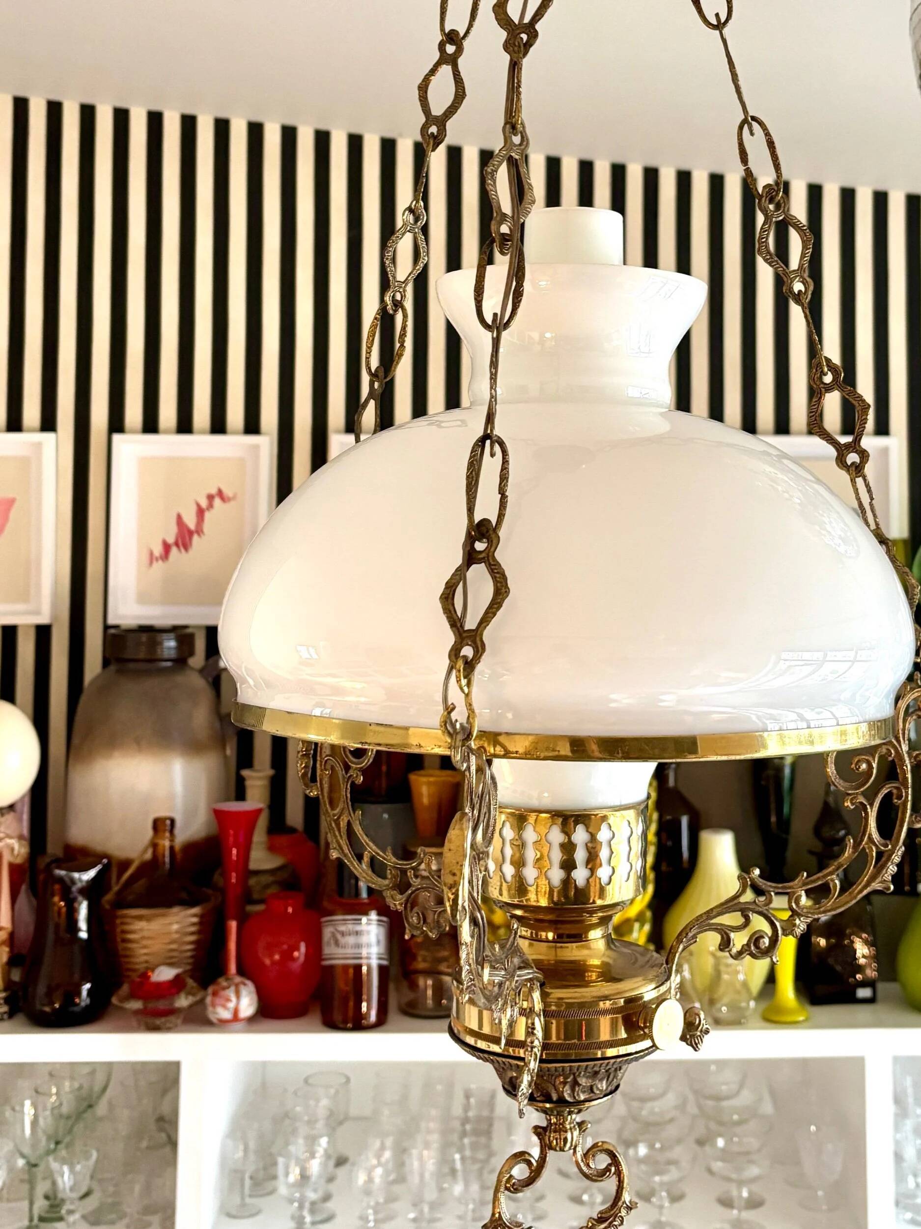 White opaline and brass pendant light