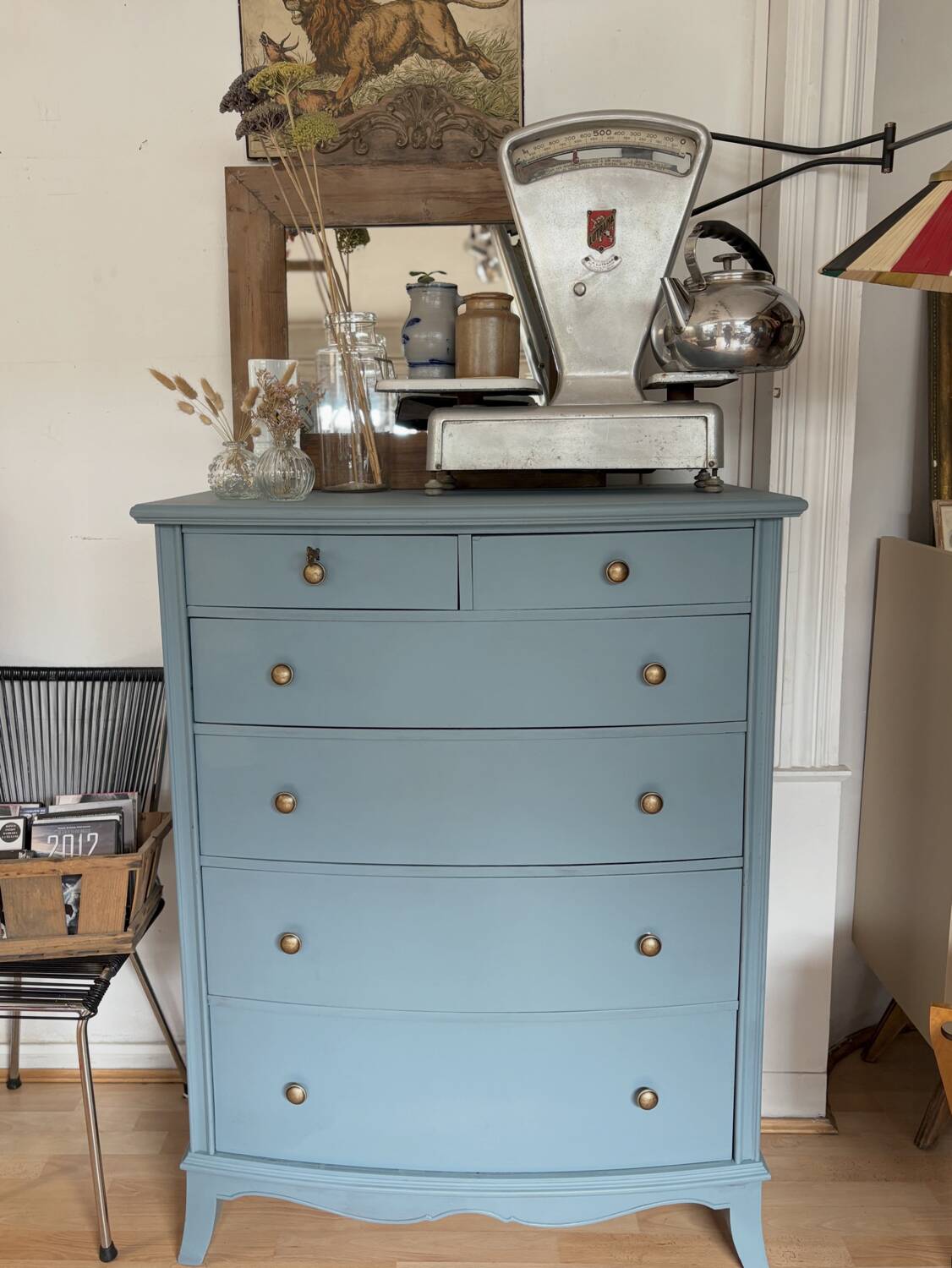 Antique blue zinc-coated chest of drawers
