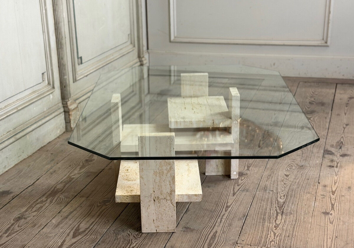 Brutalist travertine table by Willy Ballez, circa 1980