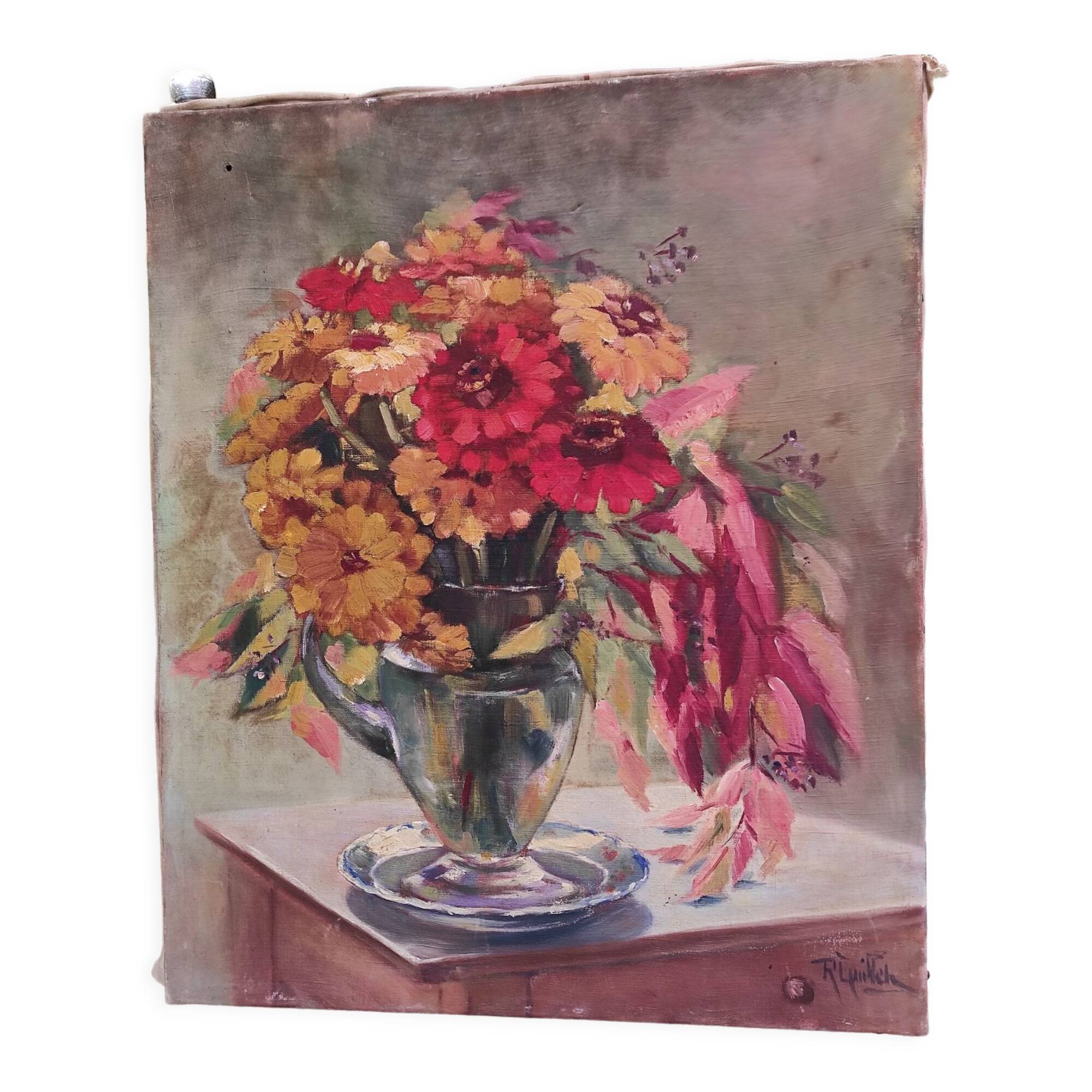 Tableau ancien nature morte florale
