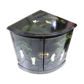 Black laqué angle painted with mother-of-pearl characters and ivory faces