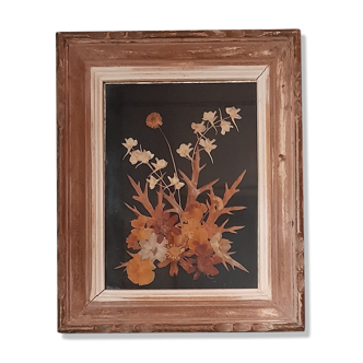 Wood frame dried flowers under glass, black background, vintage