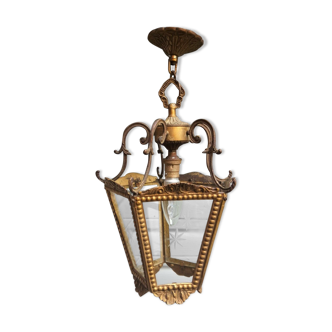 Ancienne lanterne 5 faces en bronze et verres gravés de style louis xvi en etat de marche