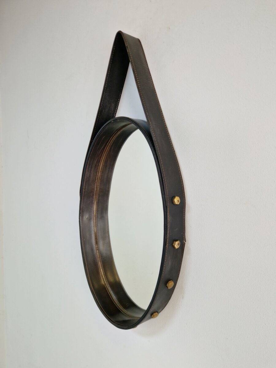 Florentine Oval Leather Mirror in Brass by Jacques Adnet, 1960s