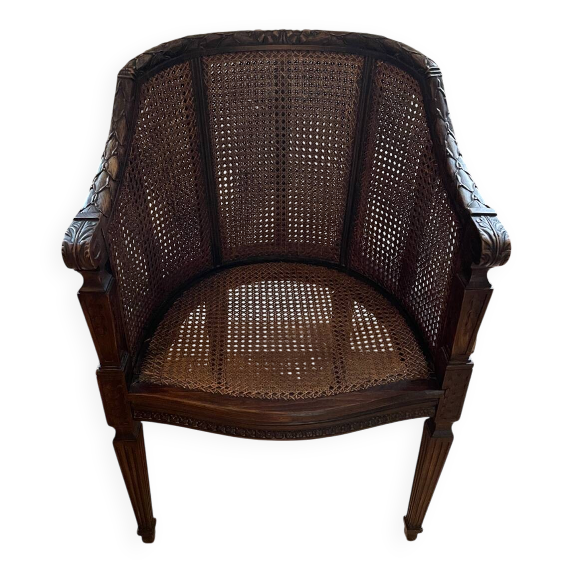 Pair of gondola armchairs in Louis XVI style with caning.
