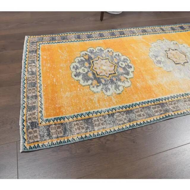 Vintage Turkish Oushak handmade wool cotton orange runner rug 74x350