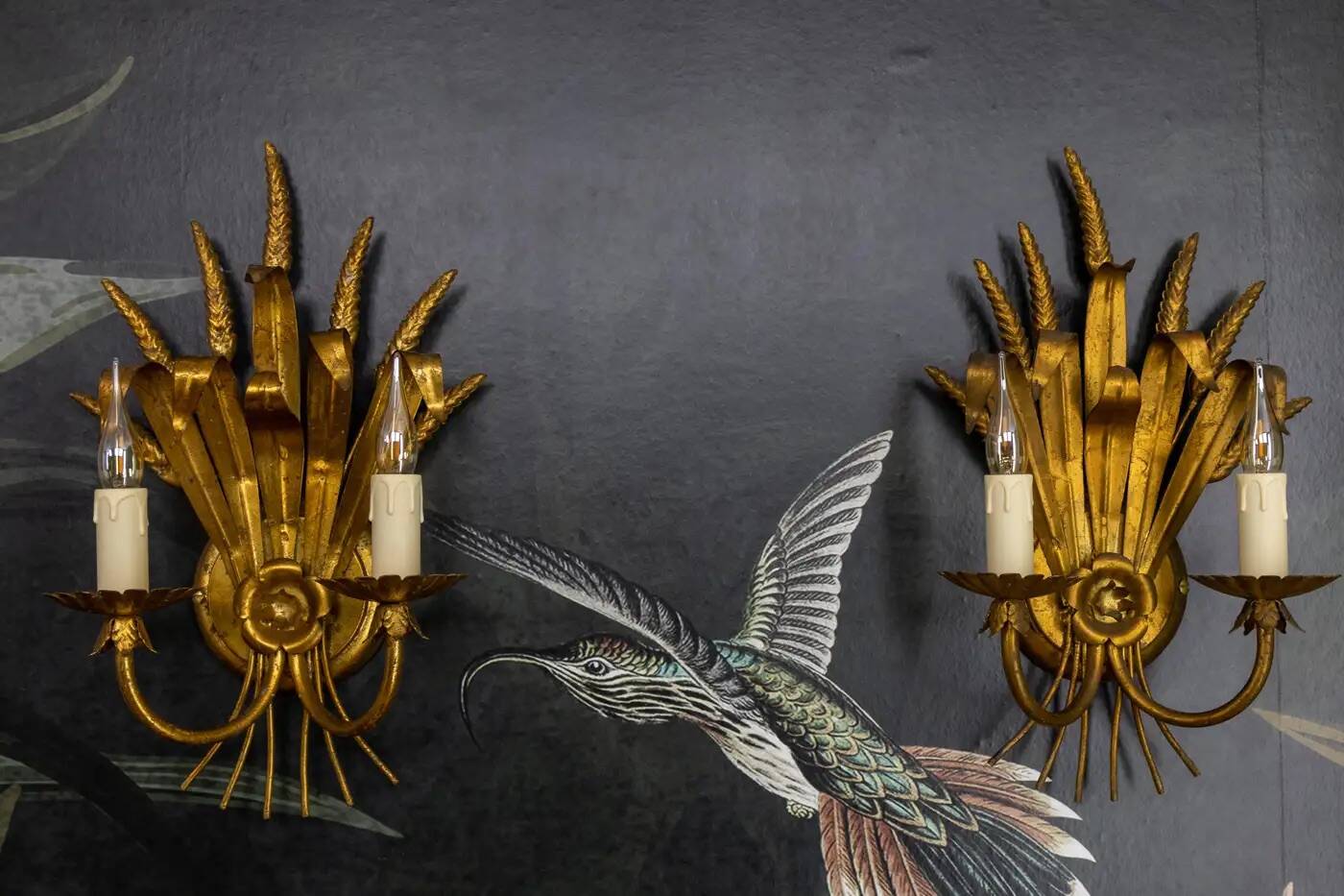 Pair of Hollywood Regency Style Gilt Metal Wheat Sheaf Wall Sconces, 1970s