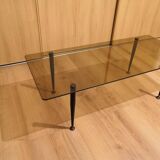 Rectangular coffee table with metal & brass foot and smoked glass, vintage 70s
