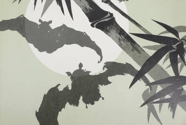Estampe japonaise, Les chauves-souris (vert et blanc), gravure sur bois signée, Mokuchu Urushibara