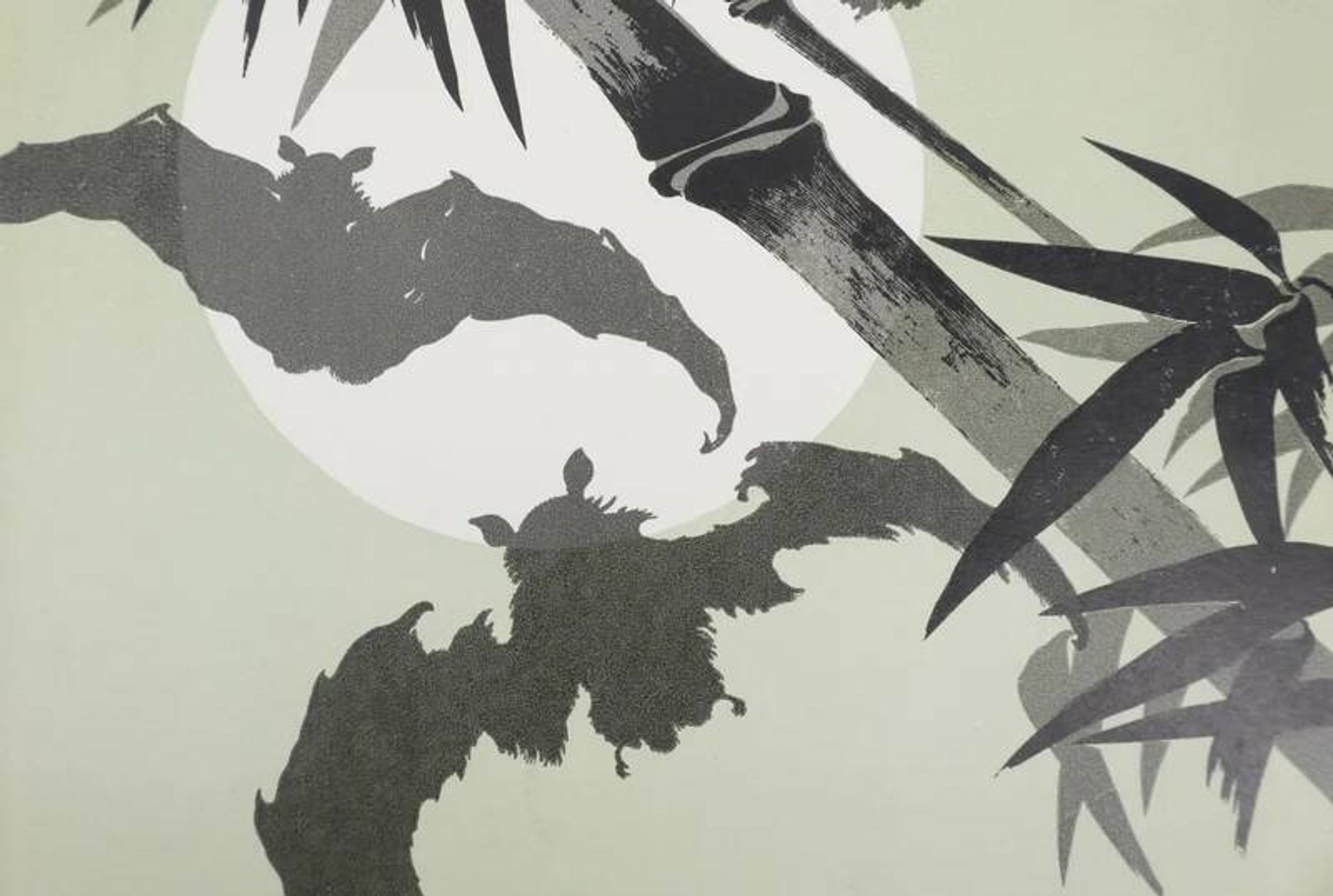 Mokuchu Urushibara: Japanese print, The Bats (green and white), signed woodblock print.