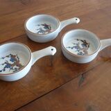 3 ceramic casserole dishes with blue and brown branch pattern