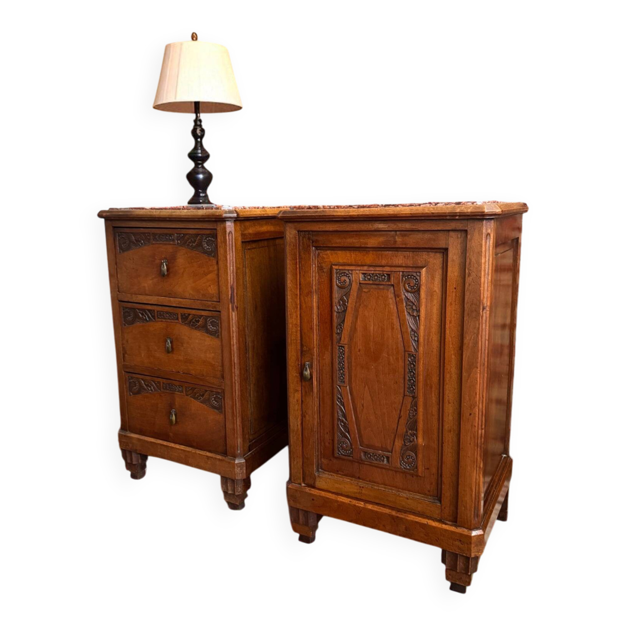 Pair of Art Deco bedside tables from 1930 in carved wood and red marble