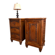 Pair of Art Deco bedside tables from 1930 in carved wood and red marble
