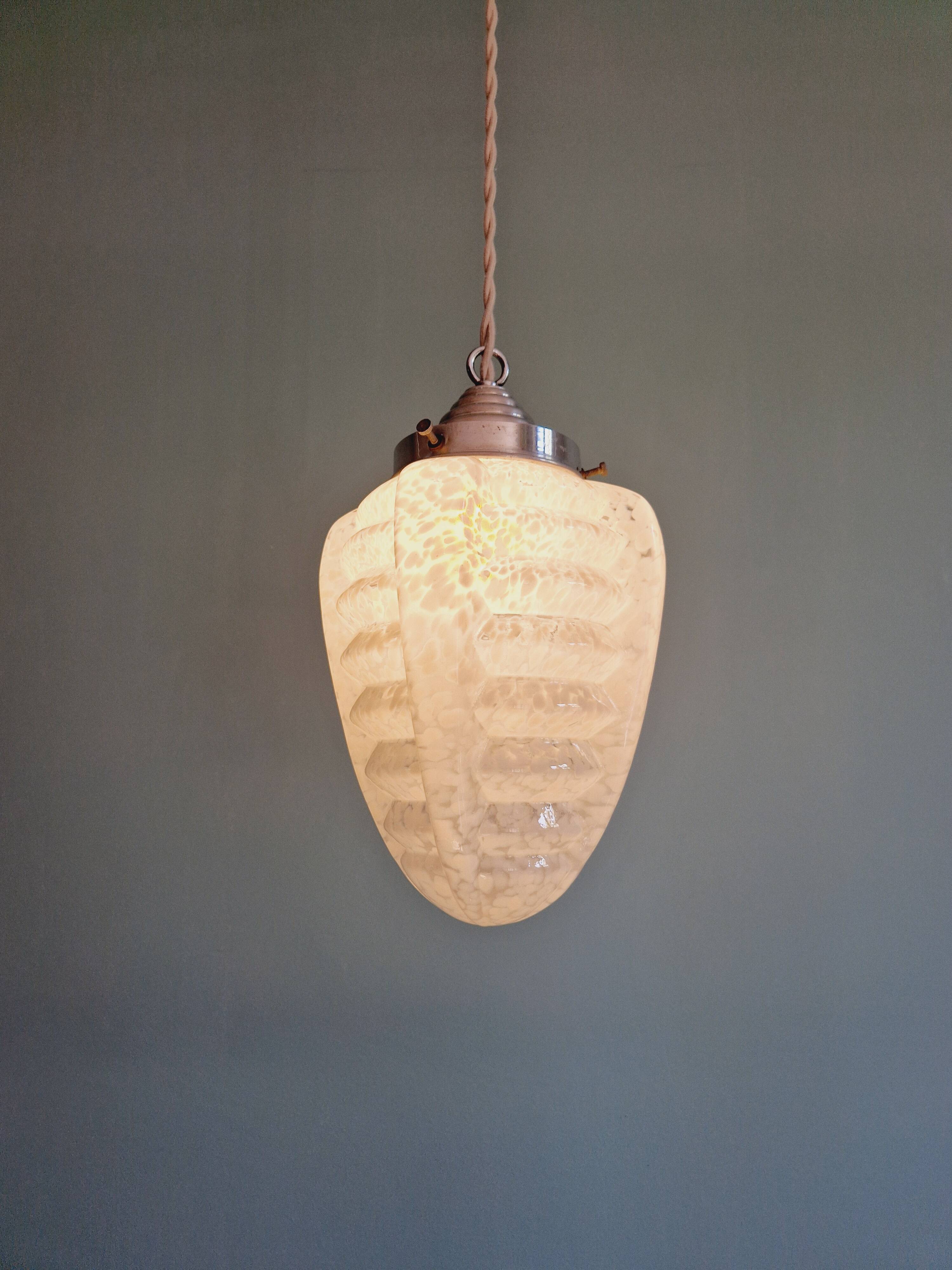 Art Deco pendant light in white speckled glass, 1920s-30s