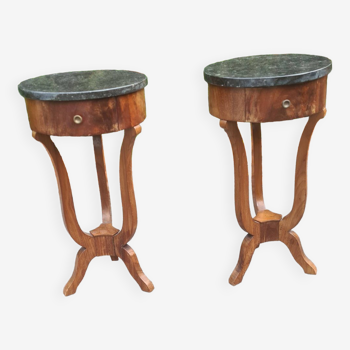 Pair of wooden and marble pedestal tables / nightstands with drawers