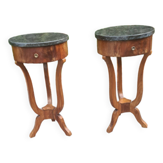 Pair of wooden and marble pedestal tables / nightstands with drawers