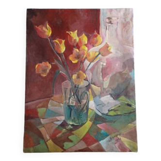 Tableau - nature morte représentant un bouquet de tulipes signé
