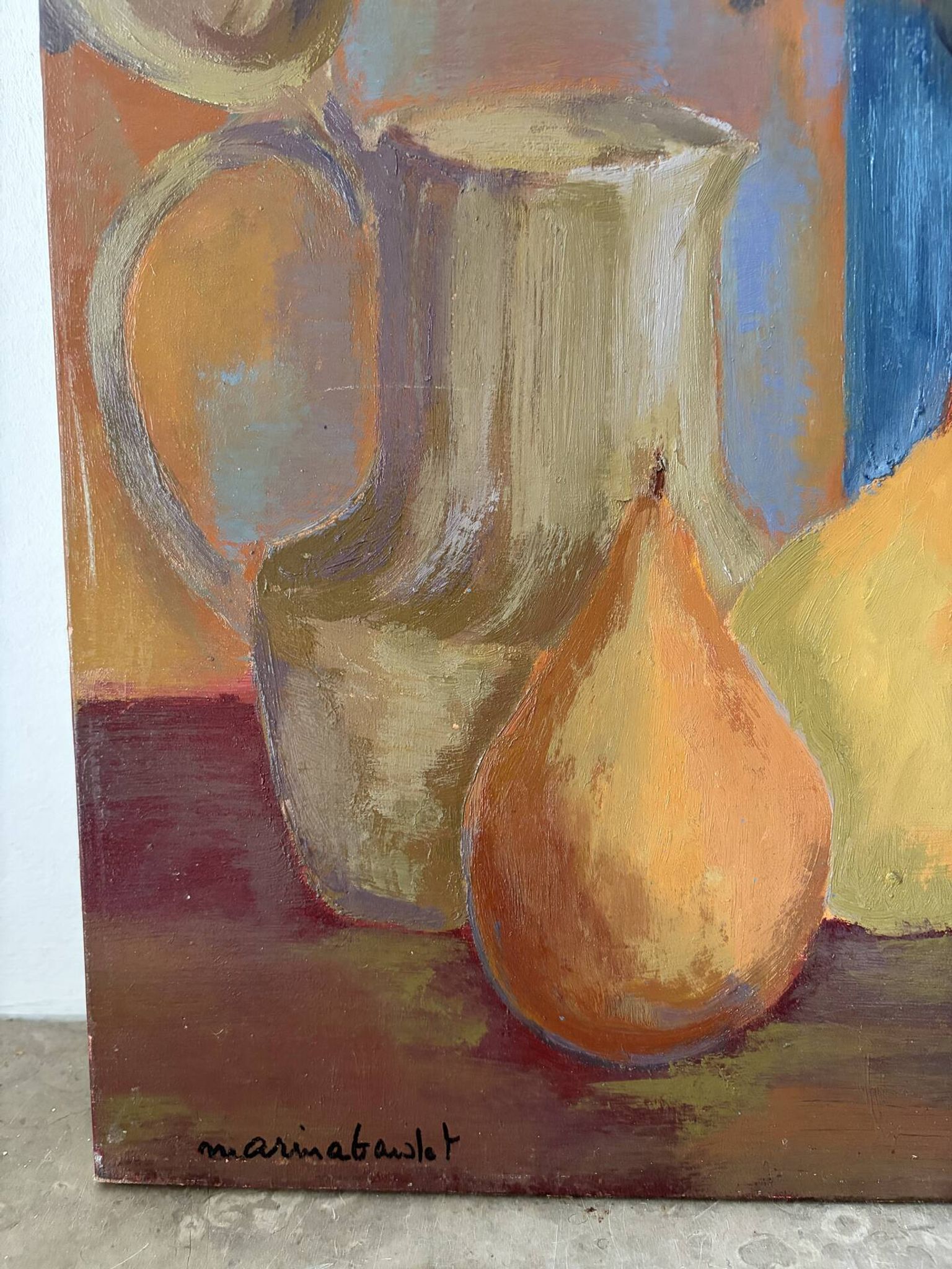 Still life with pears, oil on canvas signed Marina Gawlet.