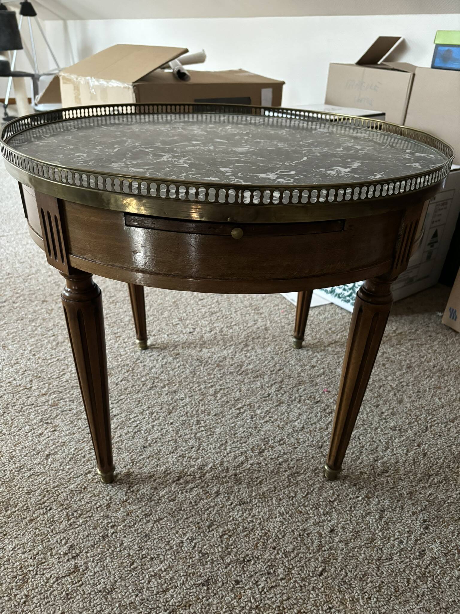 Louis xvi style gueridon wood and gray marble top brass gallery