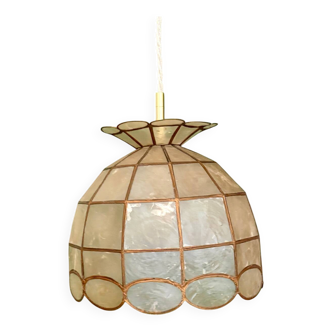 Vintage pendant light in mother-of-pearl and brass