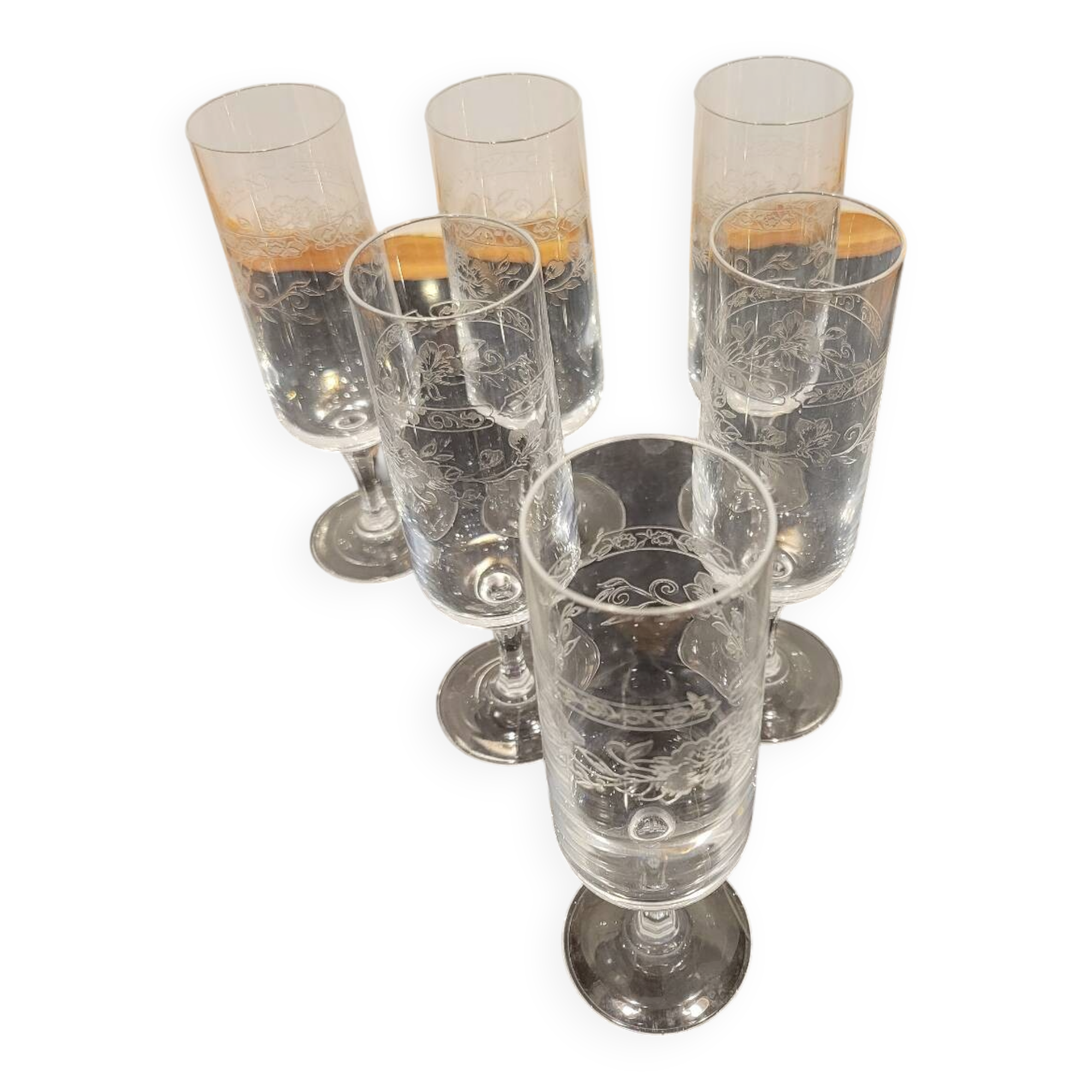 6 engraved crystal champagne flutes (floral) 1920