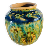 Petit vase en grès vintage dans les teintes vertes, effets craquelés
