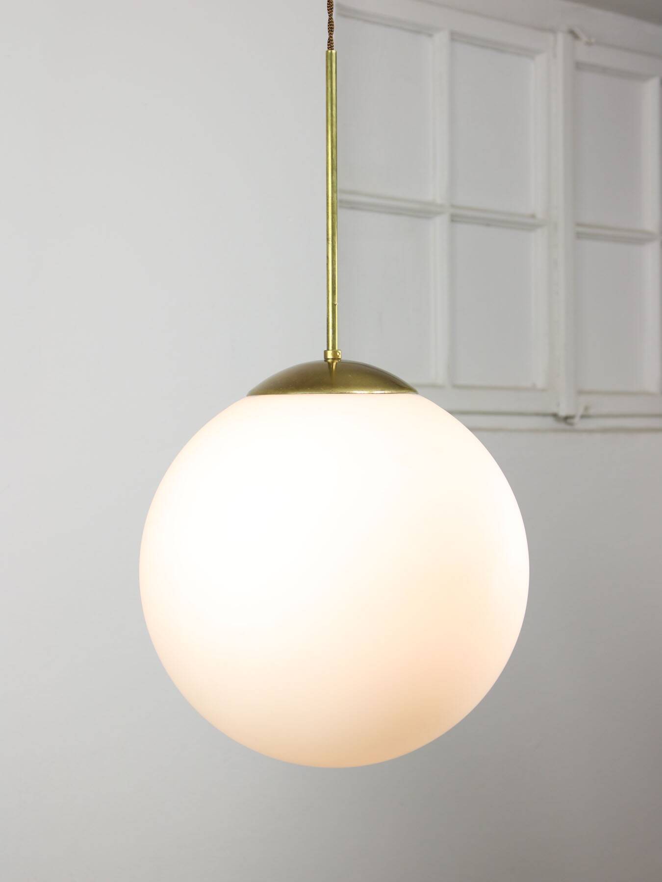 Large mid-century italian opaline & brass sphere pendant lamp