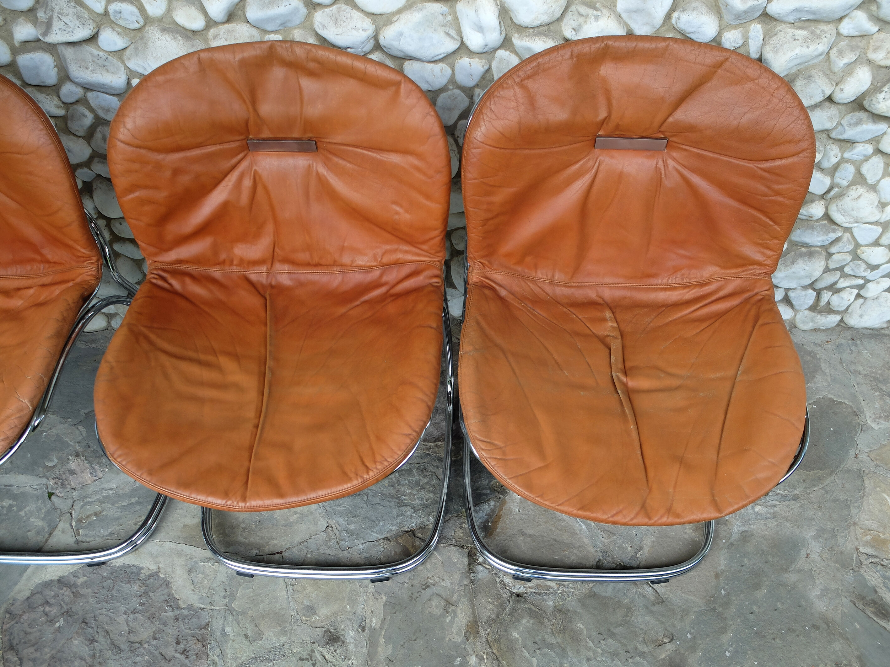 Series of 4 chairs Sabrina design Gastone Rinaldi for Rima, tawny leather, 1970