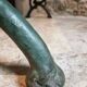 Antique French park bench in cast iron and oak – Sea green patina, 220 cm