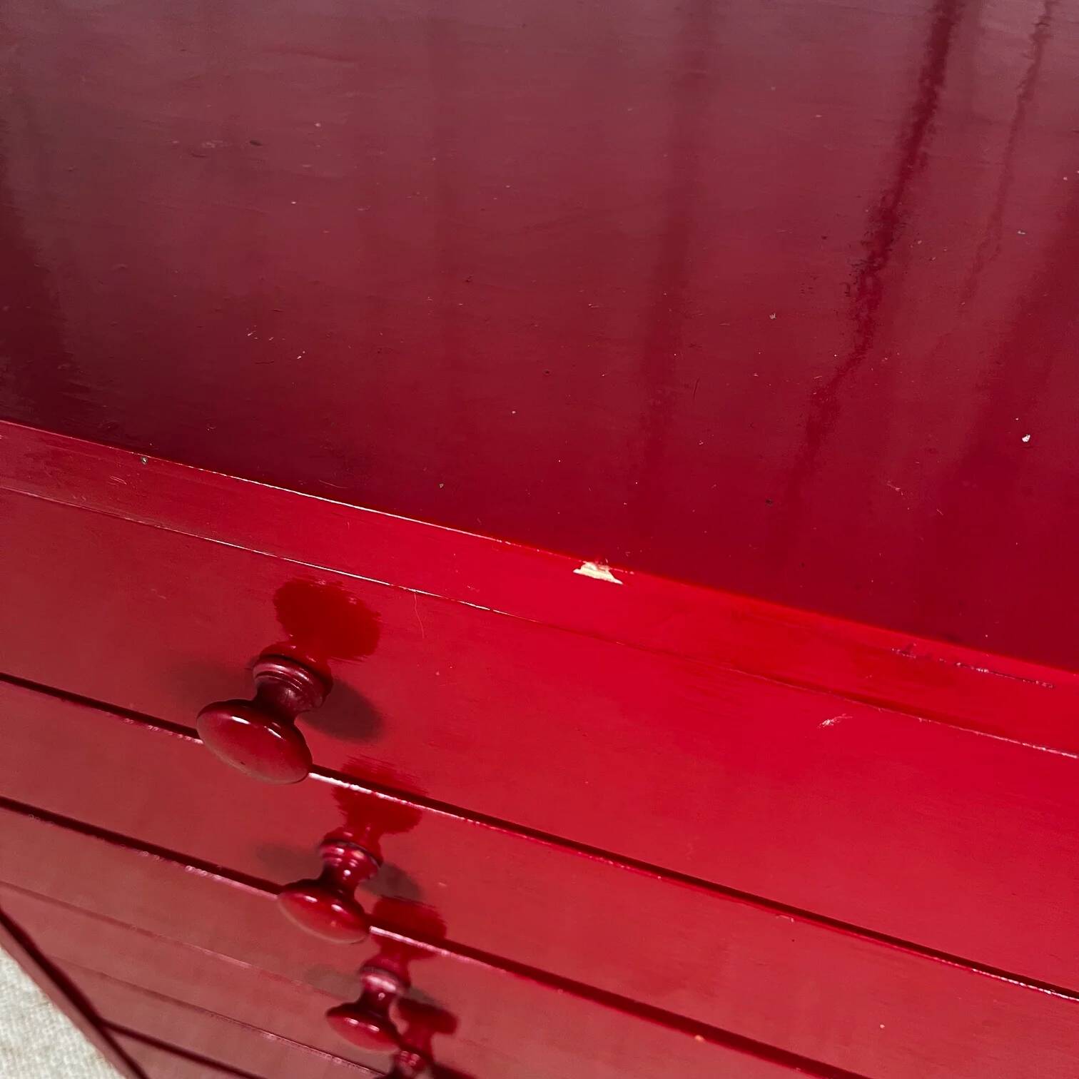 Small workshop furniture in red lacquered pine, 1980.