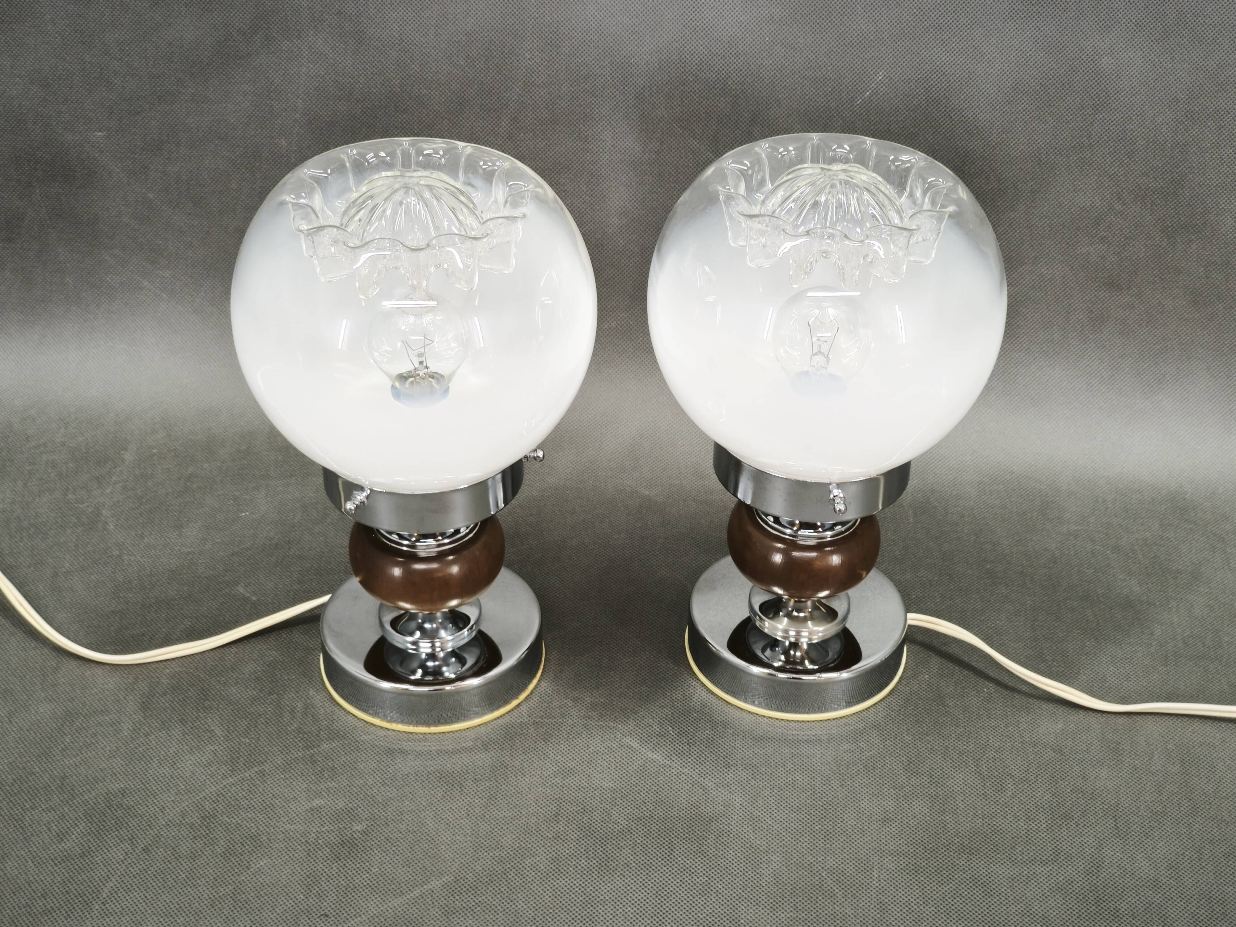Pair of 1960s Italian Murano Glass, Chrome and Wood Table Lamps