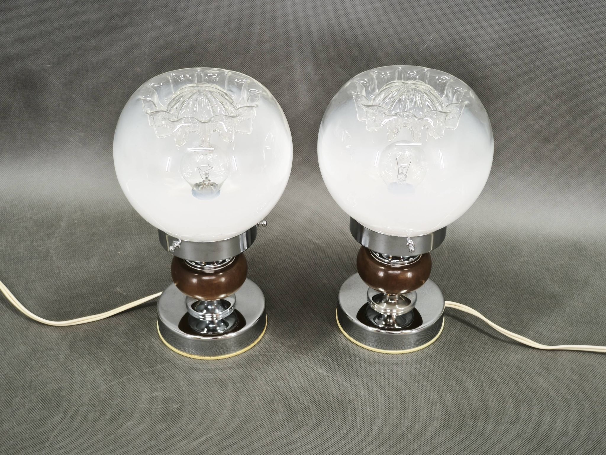 Pair of 1960s Italian Murano Glass, Chrome and Wood Table Lamps