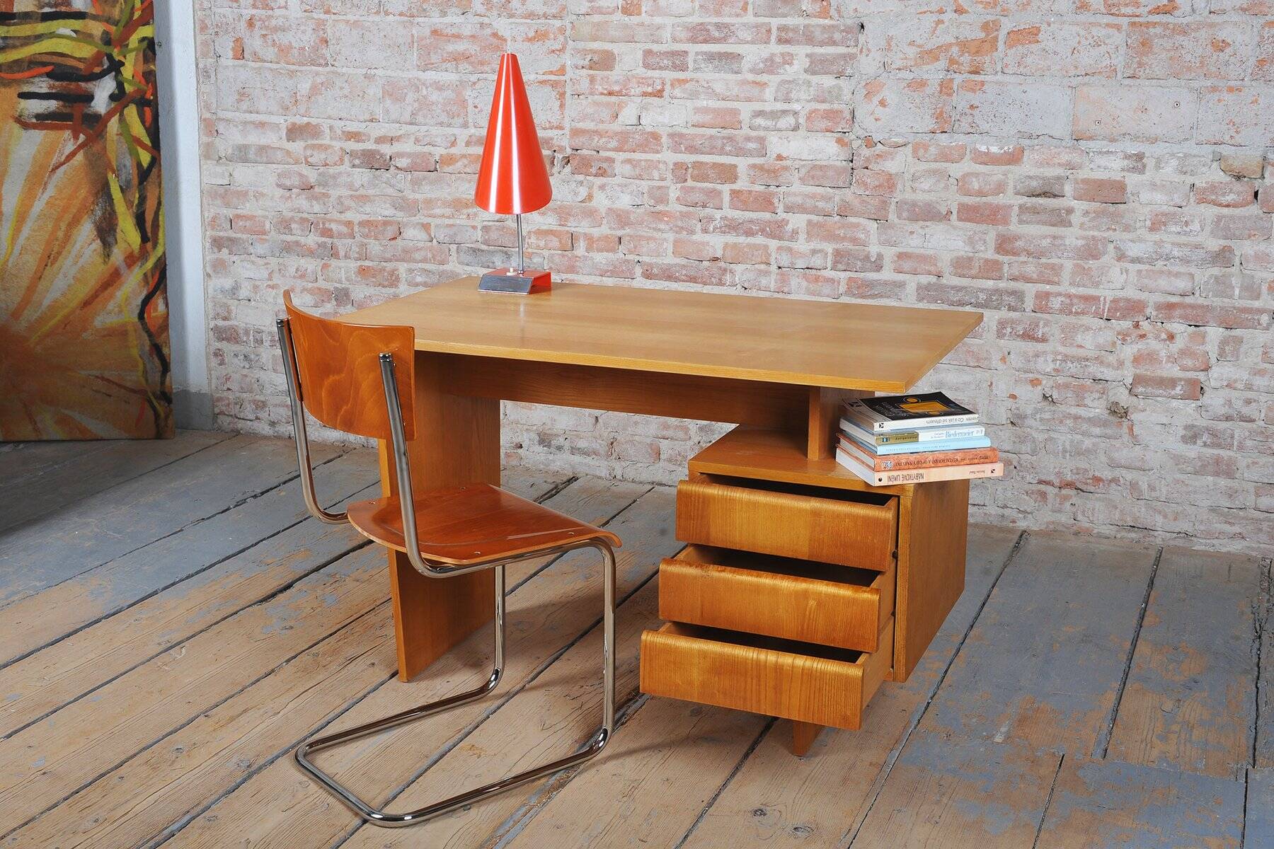 Mid-Century Writing Desk in Oak by B. Landsman, Czech, 1950s