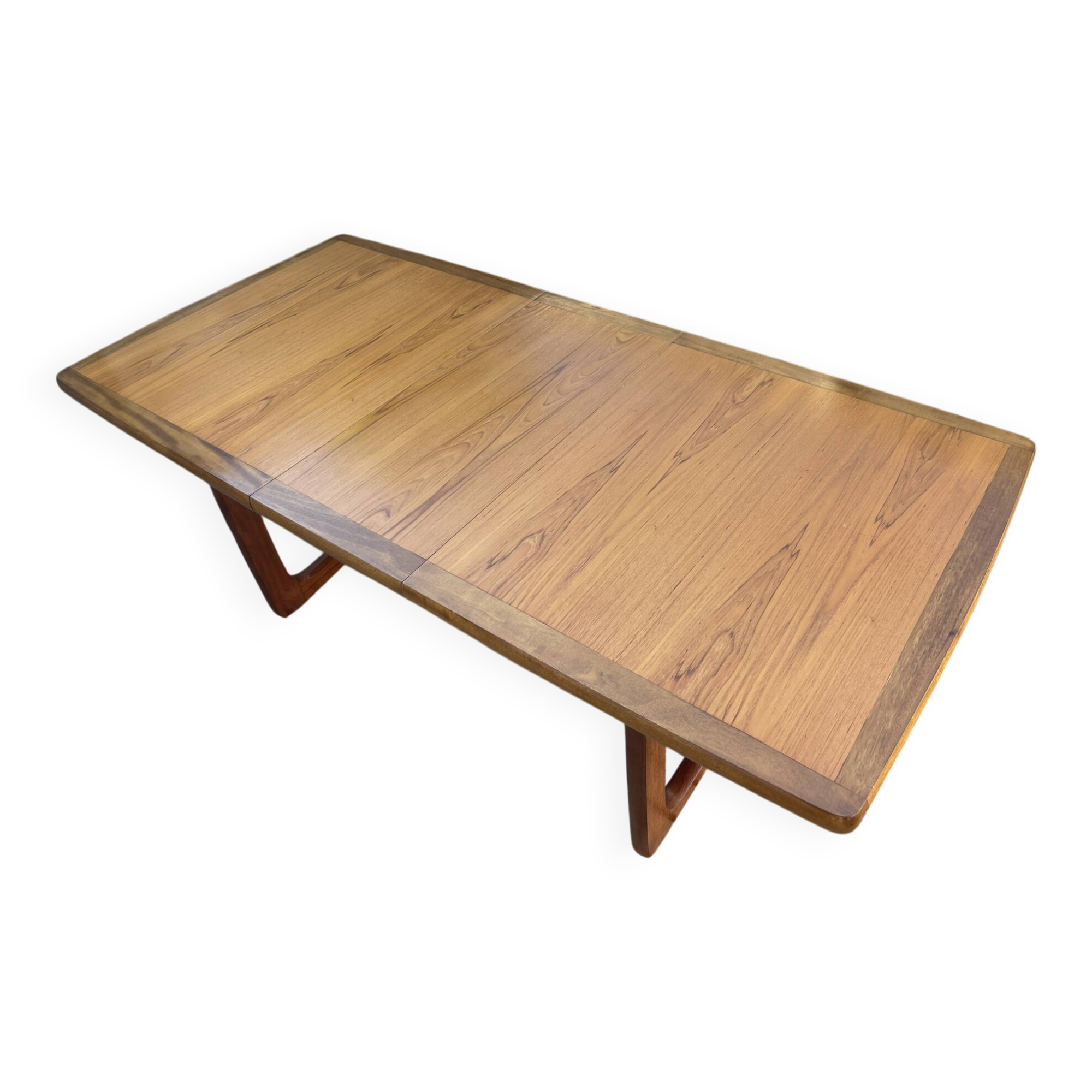 Extendable teak table, sled base, vintage style.